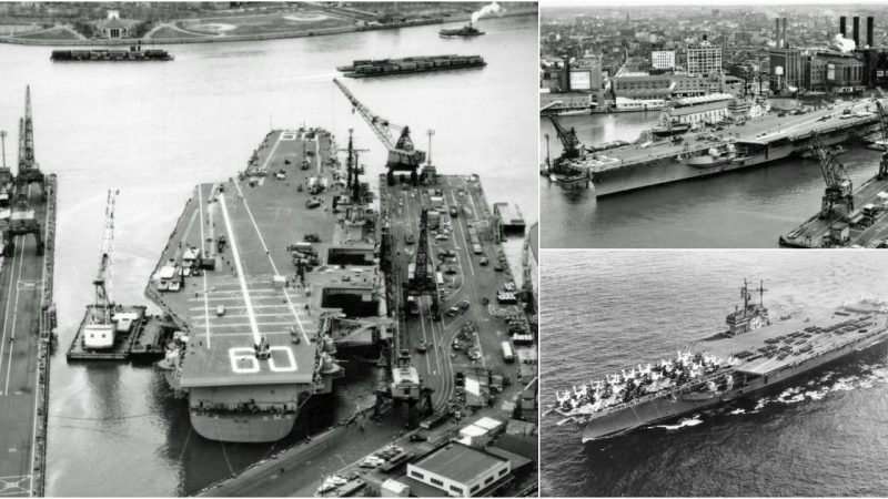 Timeless Majesty: The USS Saratoga (CVA-60) Anchored at Brooklyn Navy Yard, May 1956