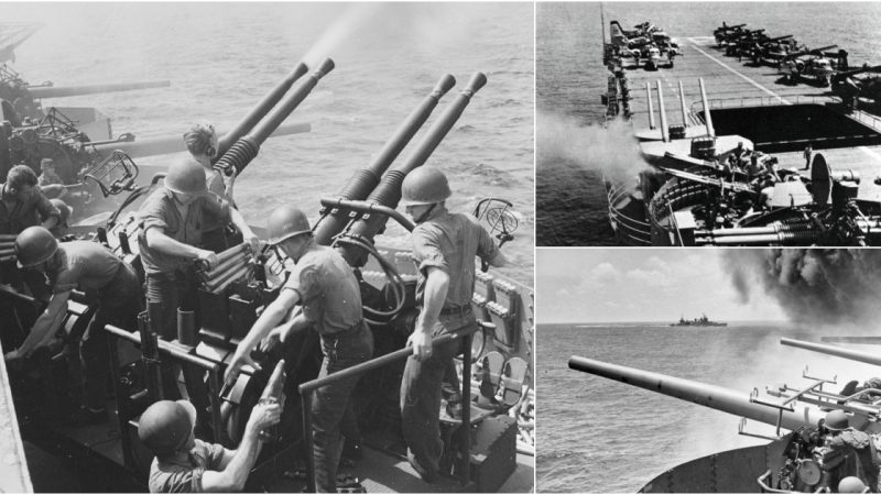 Hornet’s Quadruple 40 mm Bofors Mounts in Remote Control Action, February 16, 1945