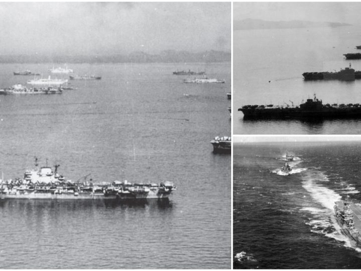 British Pacific Fleet (TF 57) Aircraft Carriers Anchored in San Pablo Bay, Leyte, Philippines, April 1945